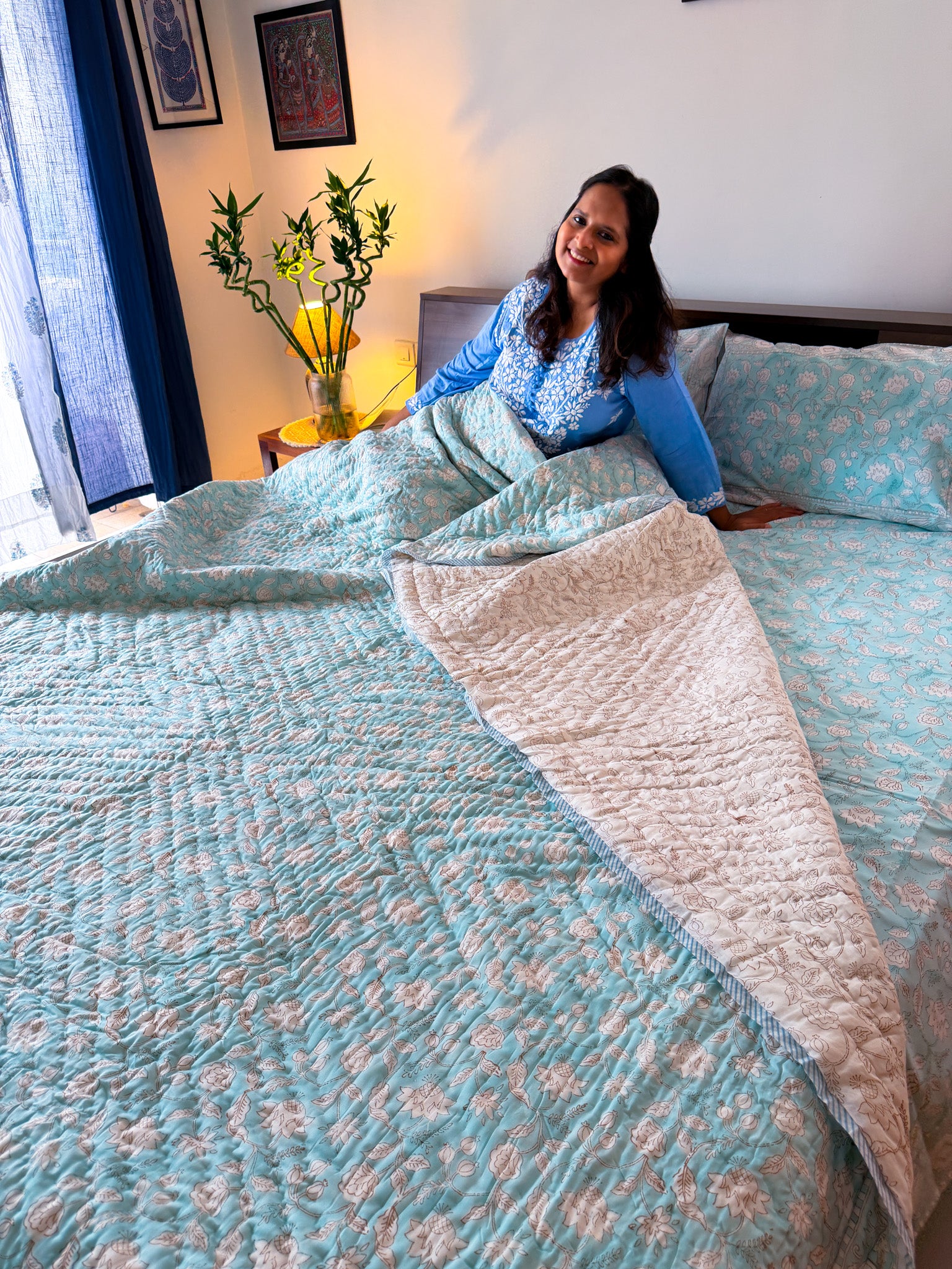 ORA Living Sky Blue White Bloom Handblock Reversible Pure Mulmul Cotton Quilt reversible print detail