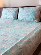 Full view of the hand block print on ORA Living Sky Blue White Floral Handblock Premium Cotton Bedsheet Set