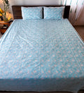 Print detail of ORA Living Sky Blue White Floral Handblock Premium Cotton Bedsheet Set