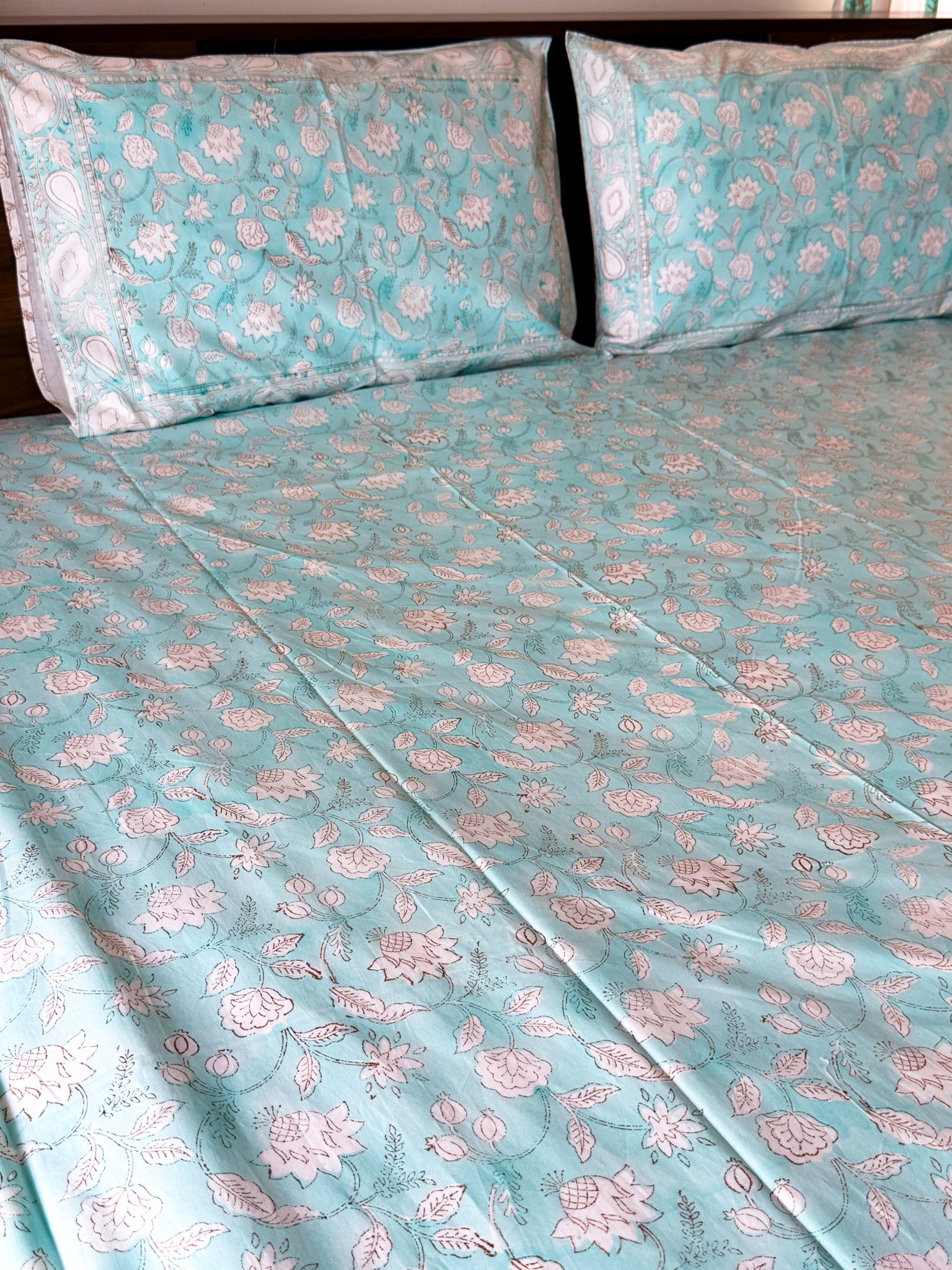 Cotton fabric detail of ORA Living Sky Blue White Floral Handblock Premium Cotton Bedsheet Set