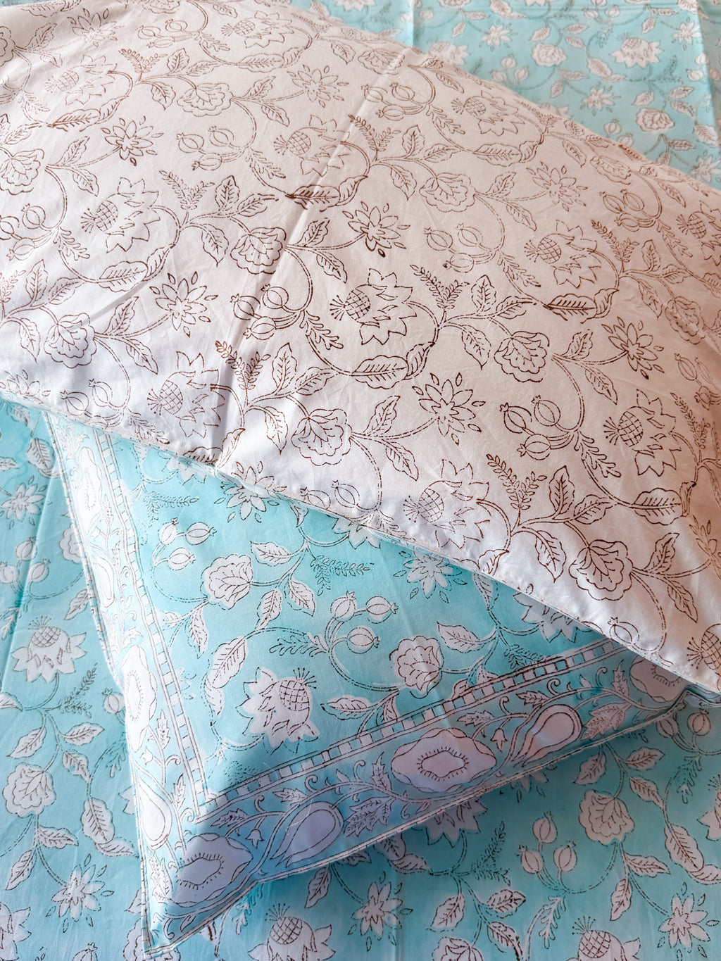 ORA Living Sky Blue White Floral Handblock Premium Cotton Bedsheet Set with matching pillow covers