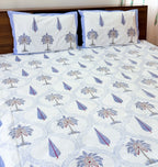 Full view of the hand block print on ORA Living Blue Palm Frame Handblock Premium Cotton Bedsheet Set