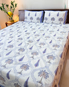 Print detail of ORA Living Blue Palm Frame Handblock Premium Cotton Bedsheet Set