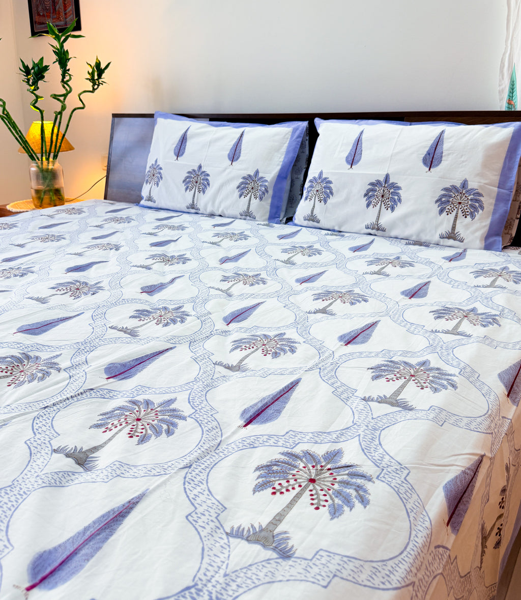 Cotton fabric detail of ORA Living Blue Palm Frame Handblock Premium Cotton Bedsheet Set