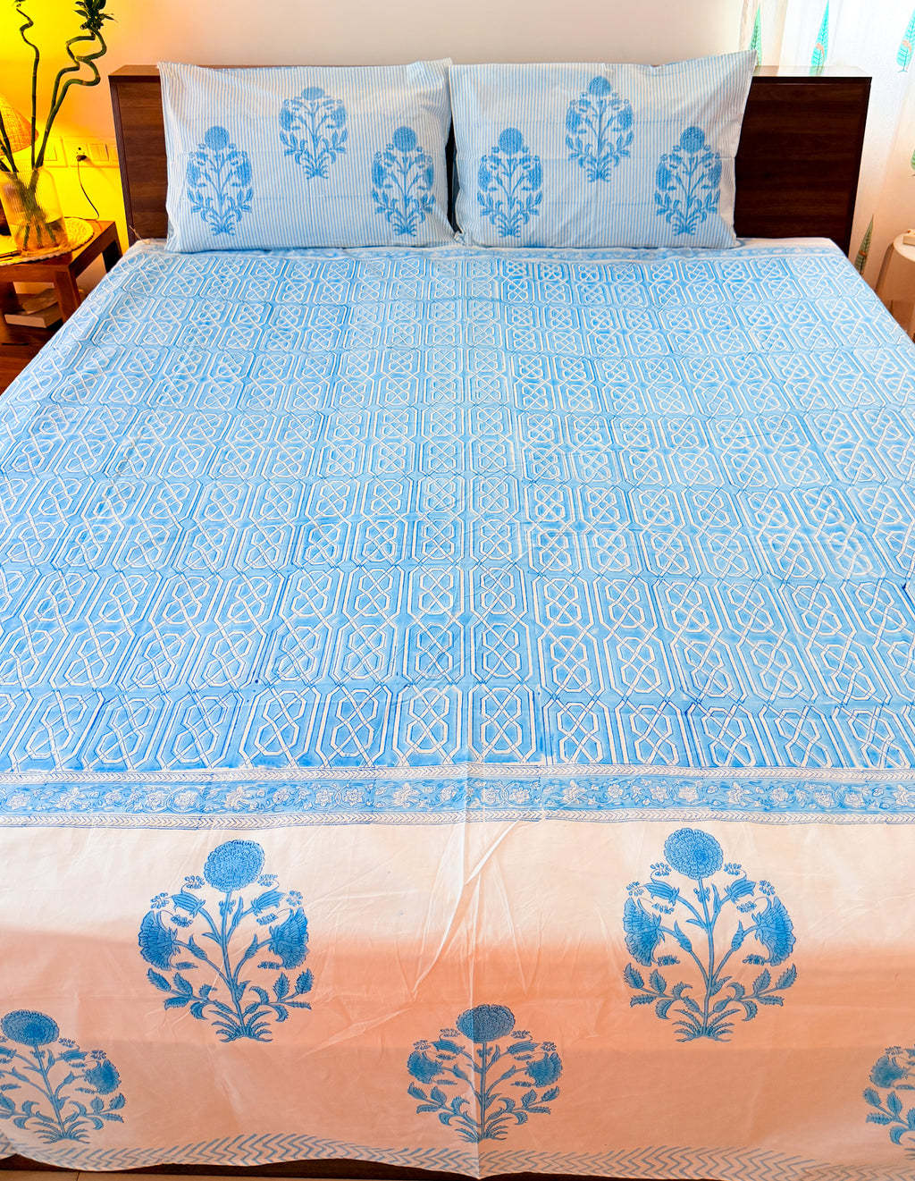 Sky Blue Geometric Handblock Premium Cotton Bedsheet Set — hand-block printed bedsheet set, product view 1.