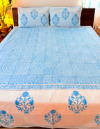 Sky Blue Geometric Handblock Premium Cotton Bedsheet Set — hand-block printed bedsheet set, product view 1.