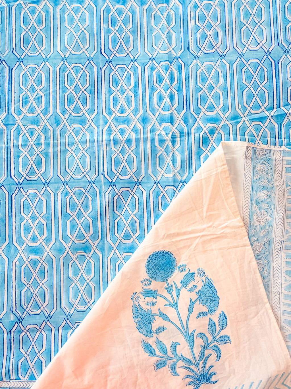 Sky Blue Geometric Handblock Premium Cotton Bedsheet Set — hand-block printed bedsheet set, product view 2.