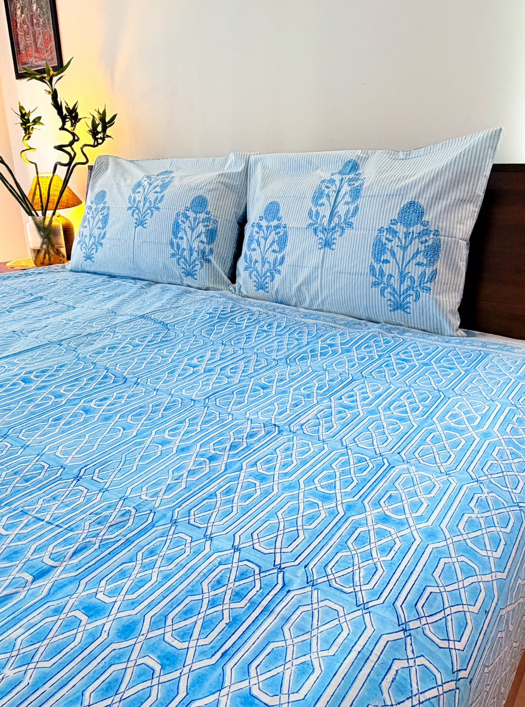 Sky Blue Geometric Handblock Premium Cotton Bedsheet Set — hand-block printed bedsheet set, product view 3.