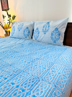 Sky Blue Geometric Handblock Premium Cotton Bedsheet Set — hand-block printed bedsheet set, product view 3.