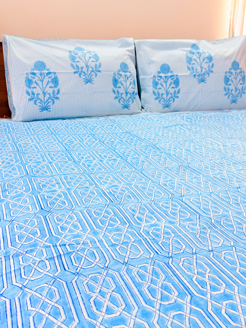 Sky Blue Geometric Handblock Premium Cotton Bedsheet Set — hand-block printed bedsheet set, product view 4.