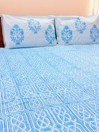 Sky Blue Geometric Handblock Premium Cotton Bedsheet Set — hand-block printed bedsheet set, product view 4.