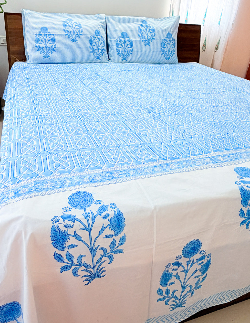 Sky Blue Geometric Handblock Premium Cotton Bedsheet Set — hand-block printed bedsheet set, product view 5.