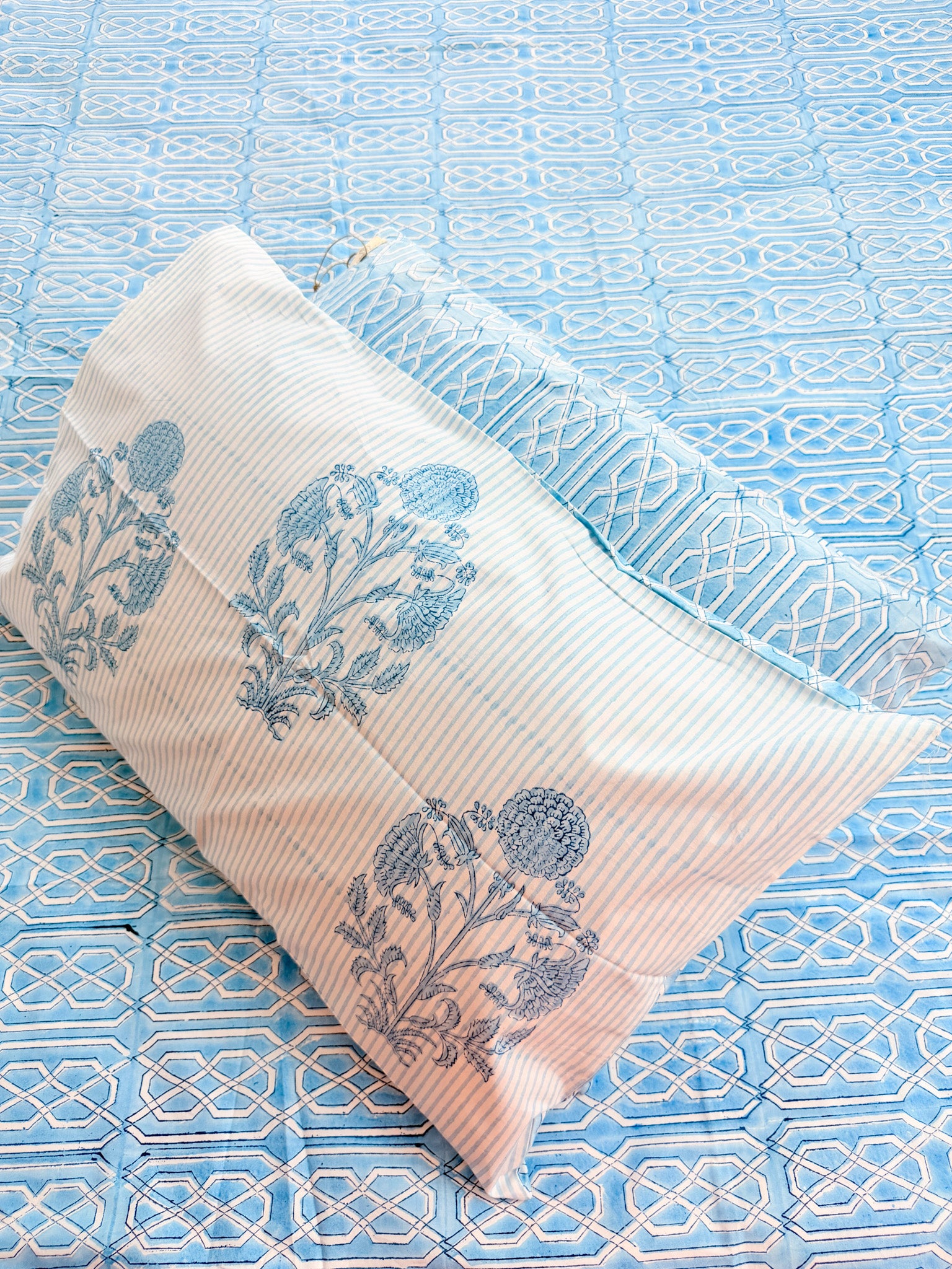 Sky Blue Geometric Handblock Premium Cotton Bedsheet Set — hand-block printed bedsheet set, product view 7.