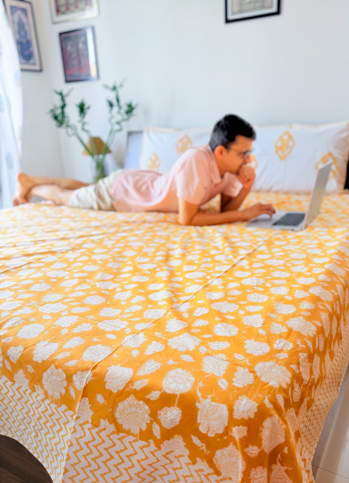 Yellow Floral Handblock Premium Cotton Bedsheet Set — hand-block printed bedsheet set, product view 5.