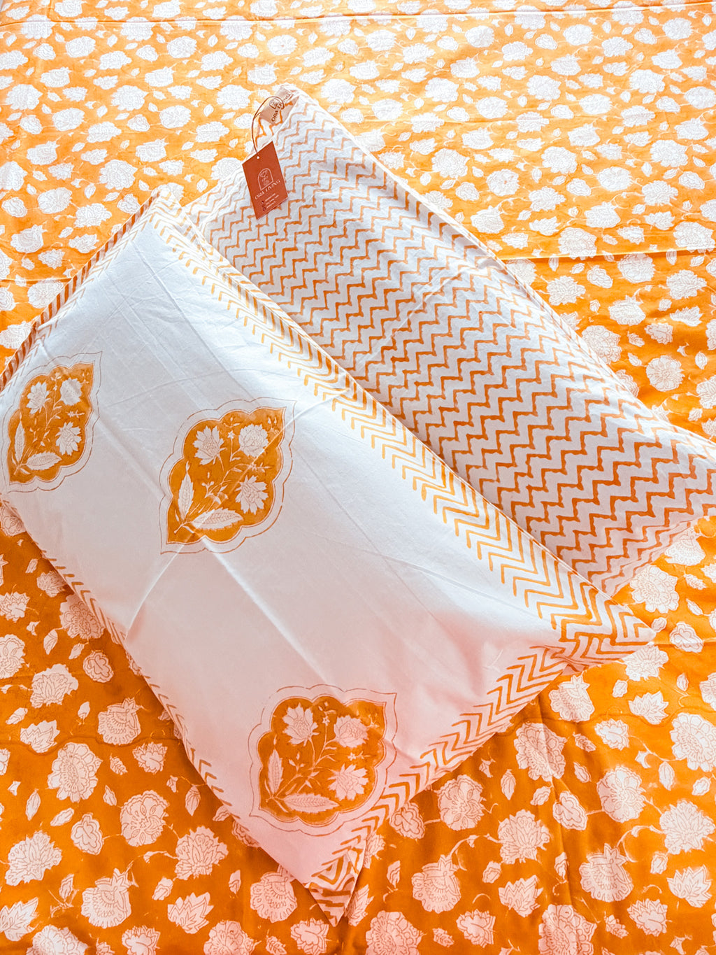 Yellow Floral Handblock Premium Cotton Bedsheet Set — hand-block printed bedsheet set, product view 6.