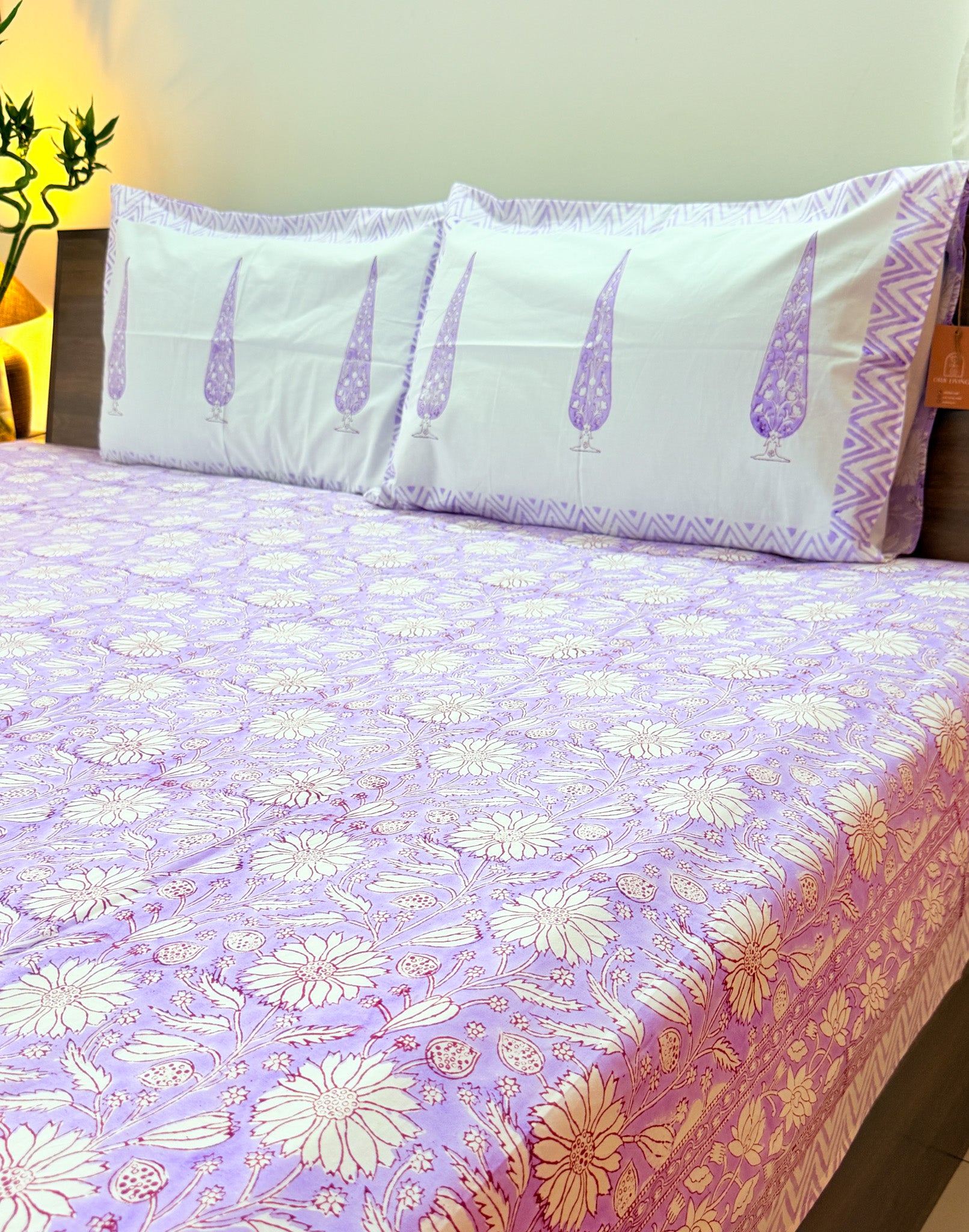 Lavender Floral Handblock Premium Cotton Bedsheet Set — hand-block printed bedsheet set, product view 1.