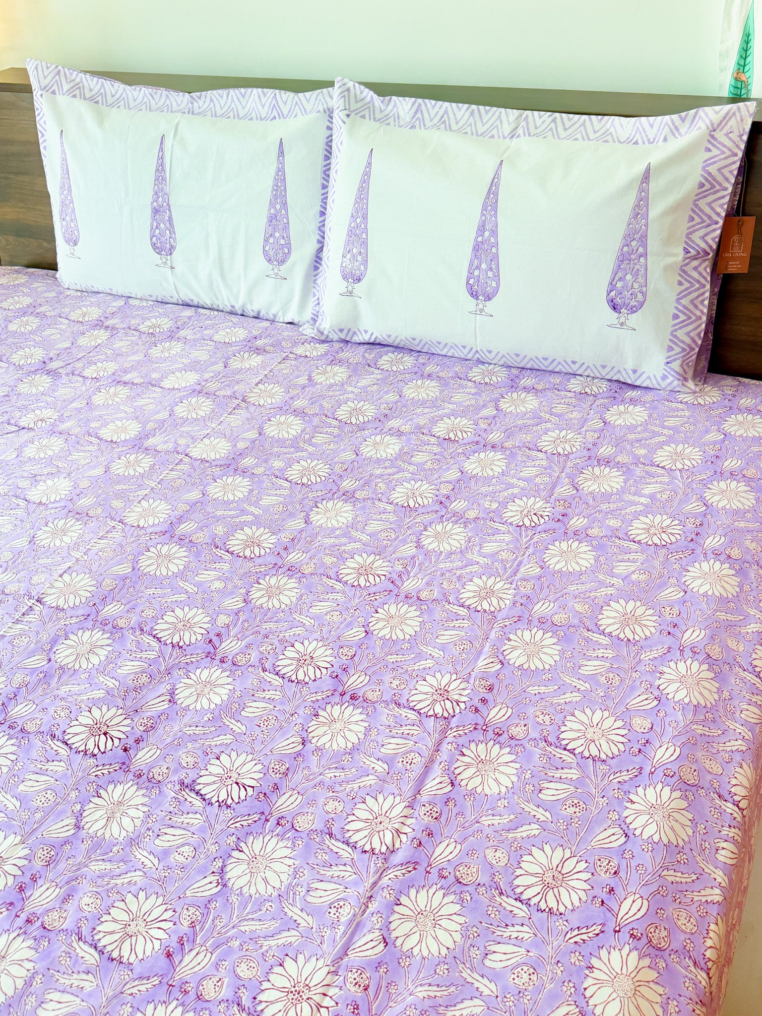 Lavender Floral Handblock Premium Cotton Bedsheet Set — hand-block printed bedsheet set, product view 2.