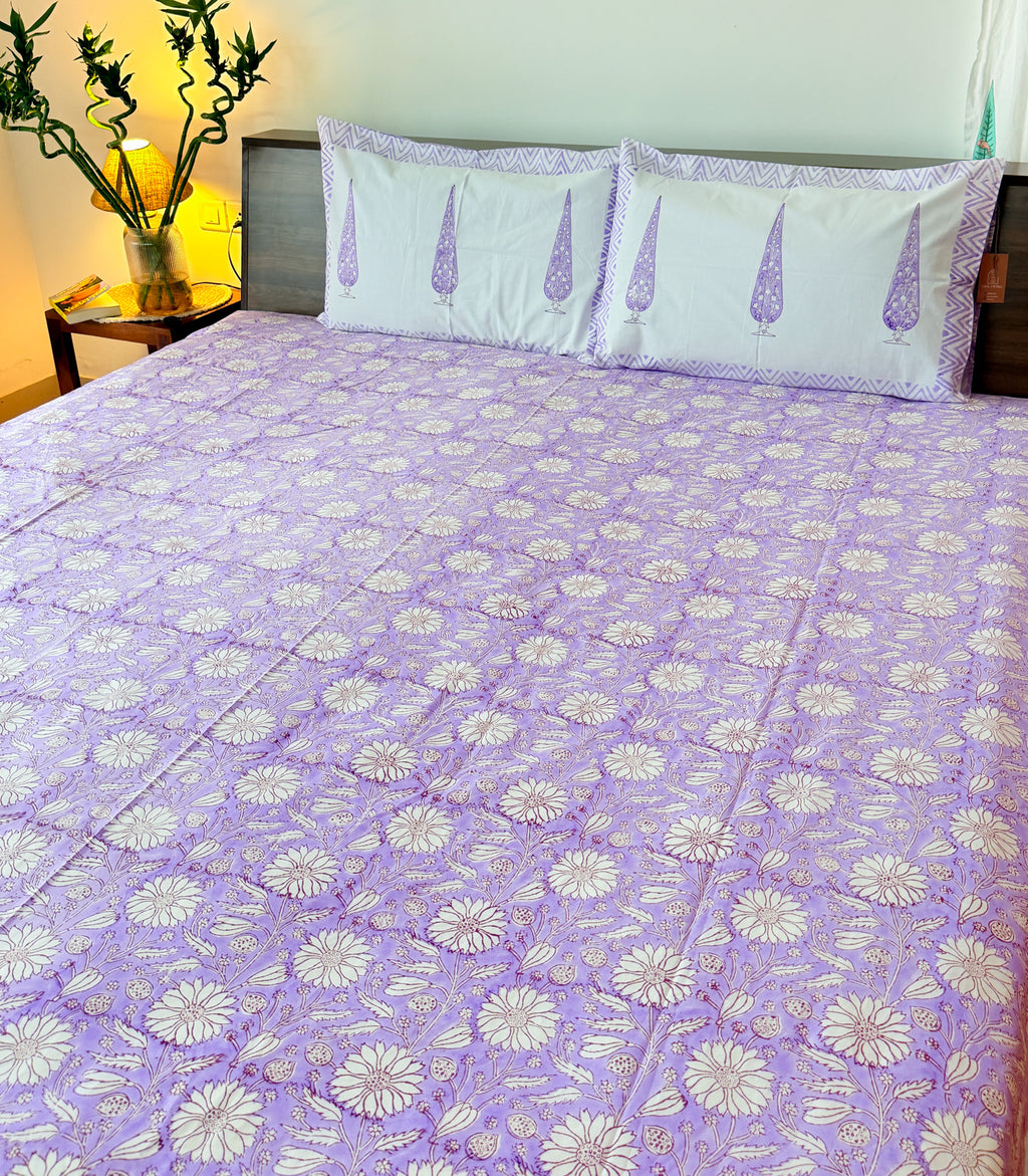 Lavender Floral Handblock Premium Cotton Bedsheet Set — hand-block printed bedsheet set, product view 3.