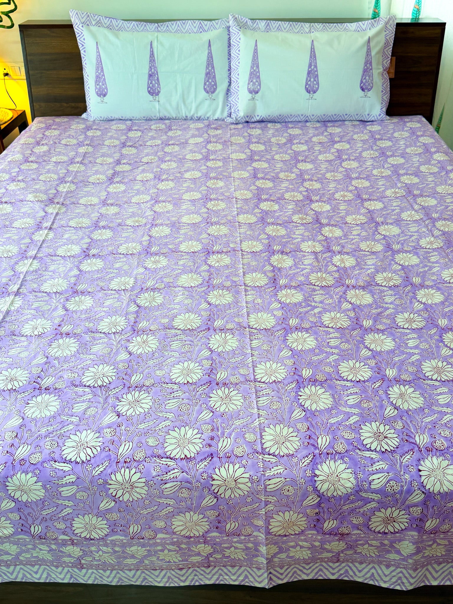 Lavender Floral Handblock Premium Cotton Bedsheet Set — hand-block printed bedsheet set, product view 7.
