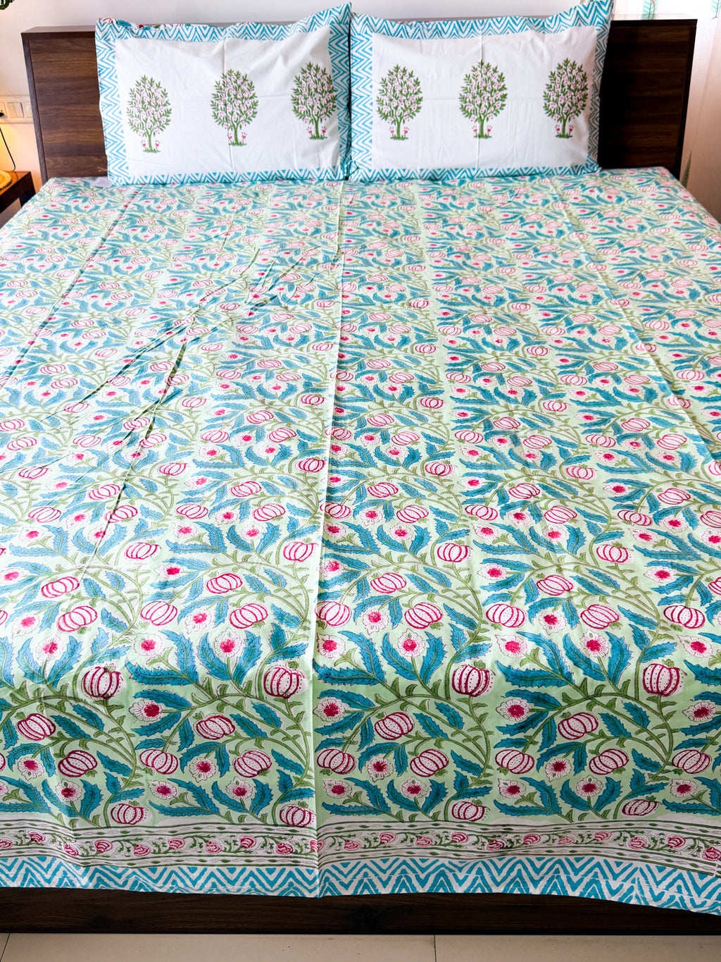 Pink Anar & Blue Leaf Handblock Premium Cotton Bedsheet Set — hand-block printed bedsheet set, product view 3.