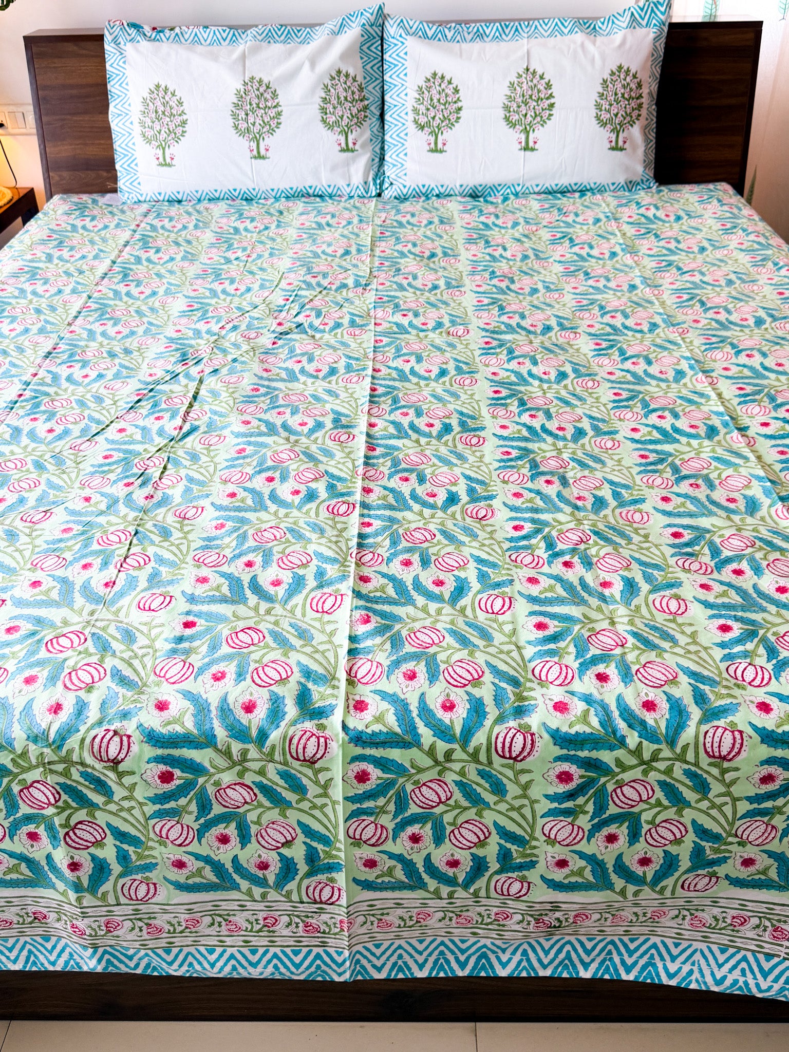 Pink Anar & Blue Leaf Handblock Premium Cotton Bedsheet Set — hand-block printed bedsheet set, product view 3.