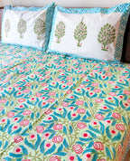 Pink Anar & Blue Leaf Handblock Premium Cotton Bedsheet Set — hand-block printed bedsheet set, product view 4.