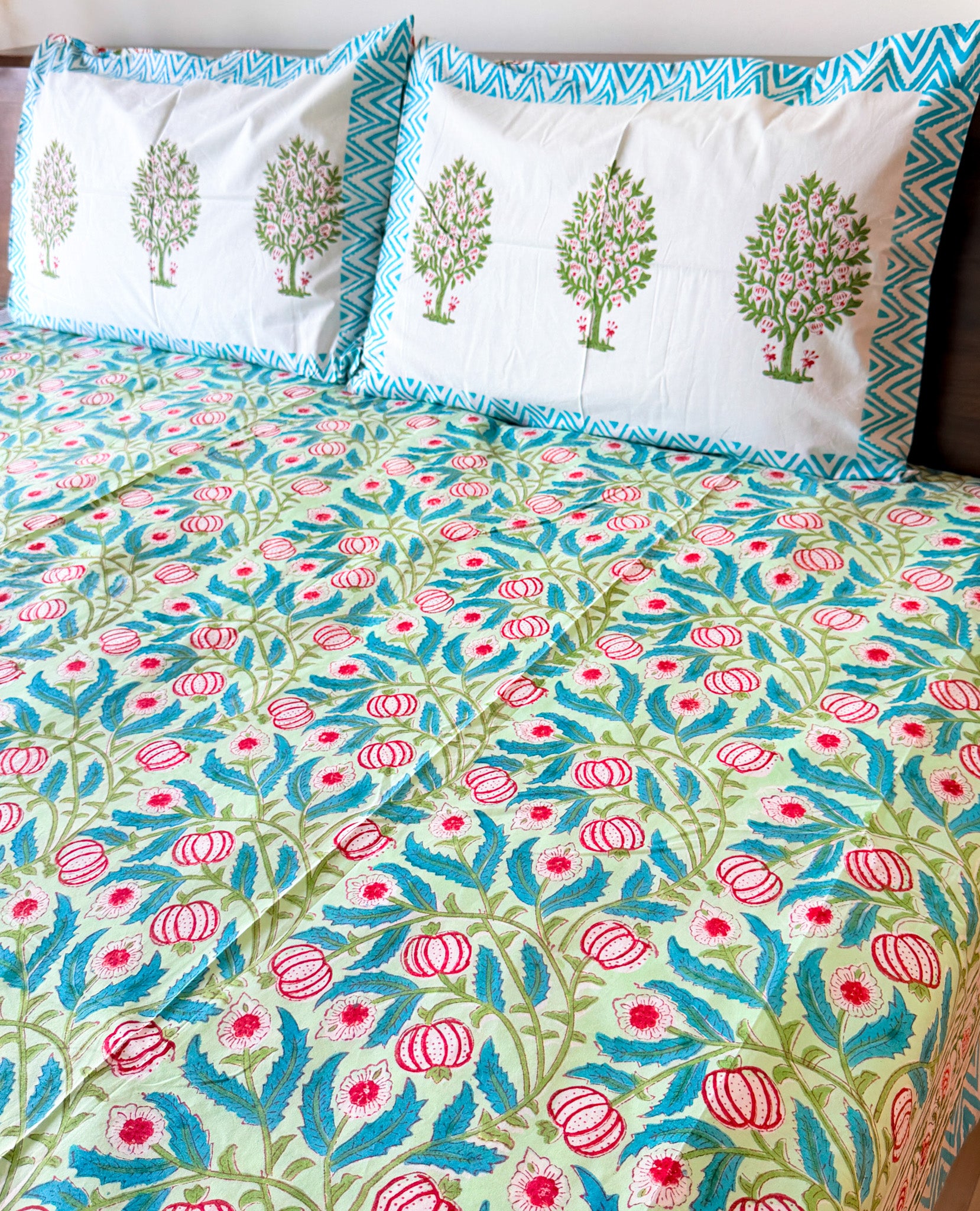 Pink Anar & Blue Leaf Handblock Premium Cotton Bedsheet Set — hand-block printed bedsheet set, product view 4.