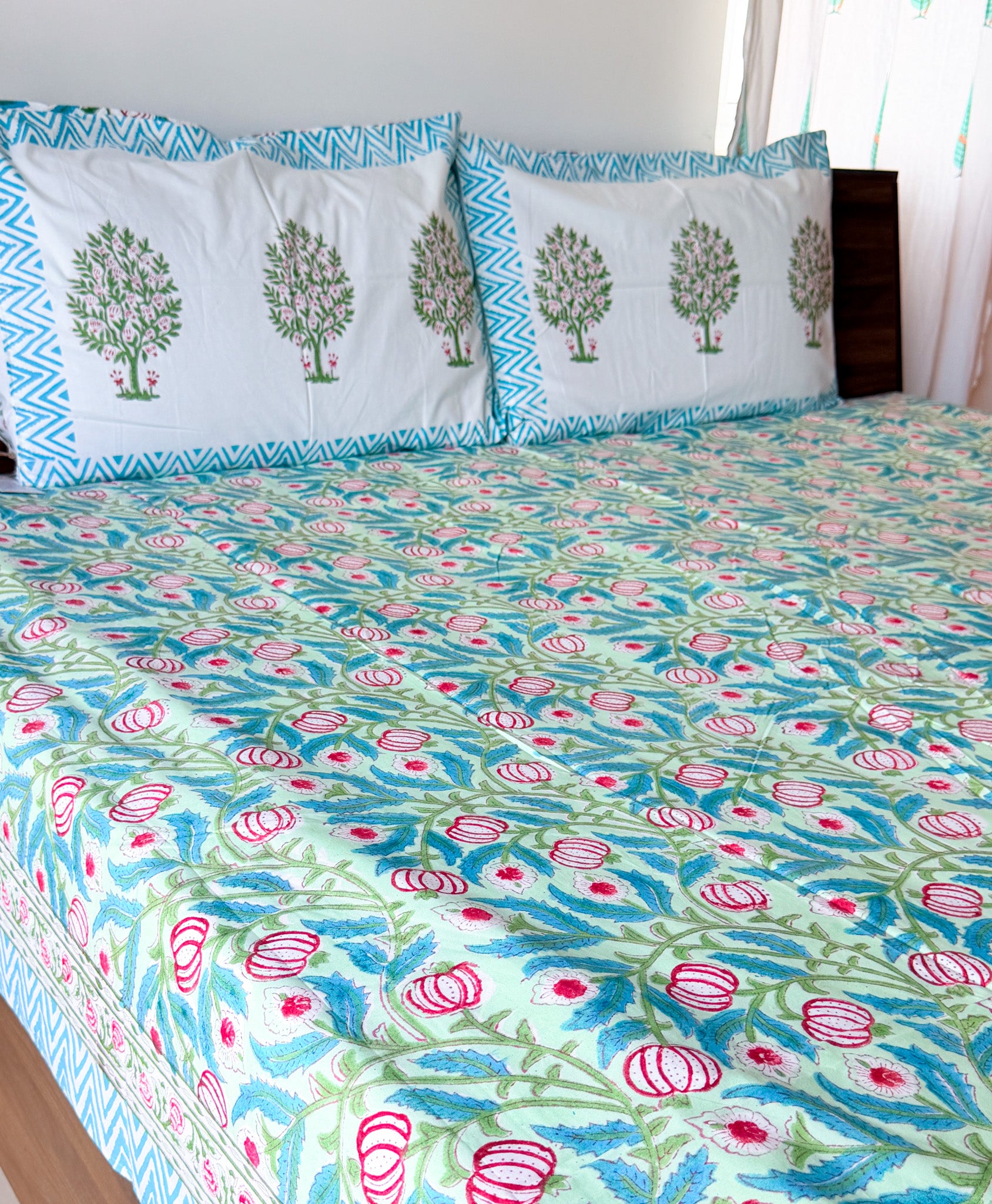 Pink Anar & Blue Leaf Handblock Premium Cotton Bedsheet Set — hand-block printed bedsheet set, product view 7.