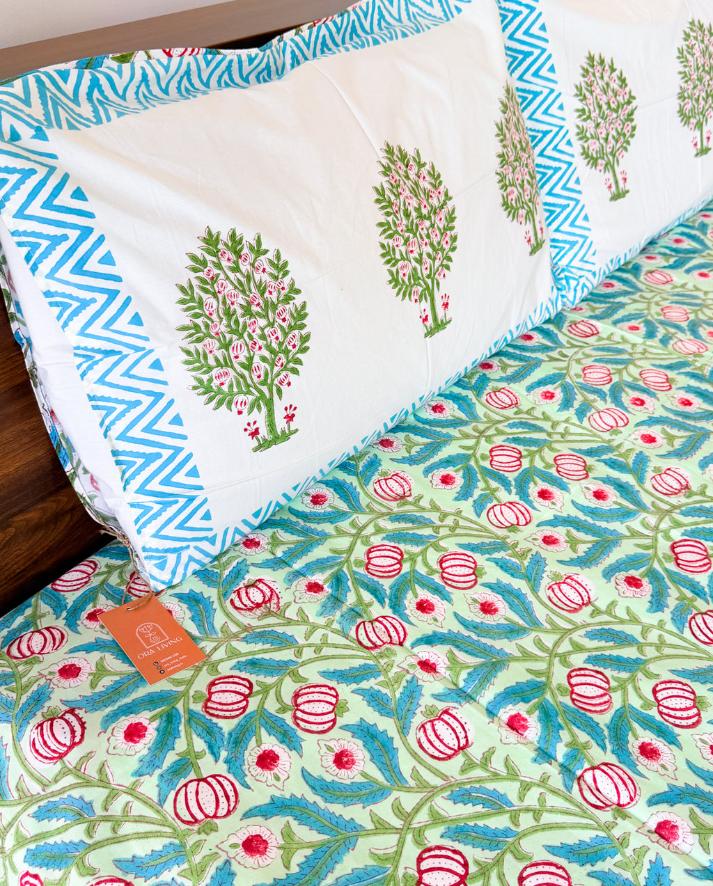 Pink Anar & Blue Leaf Handblock Premium Cotton Bedsheet Set — hand-block printed bedsheet set, product view 8.