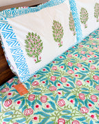 Pink Anar & Blue Leaf Handblock Premium Cotton Bedsheet Set — hand-block printed bedsheet set, product view 8.