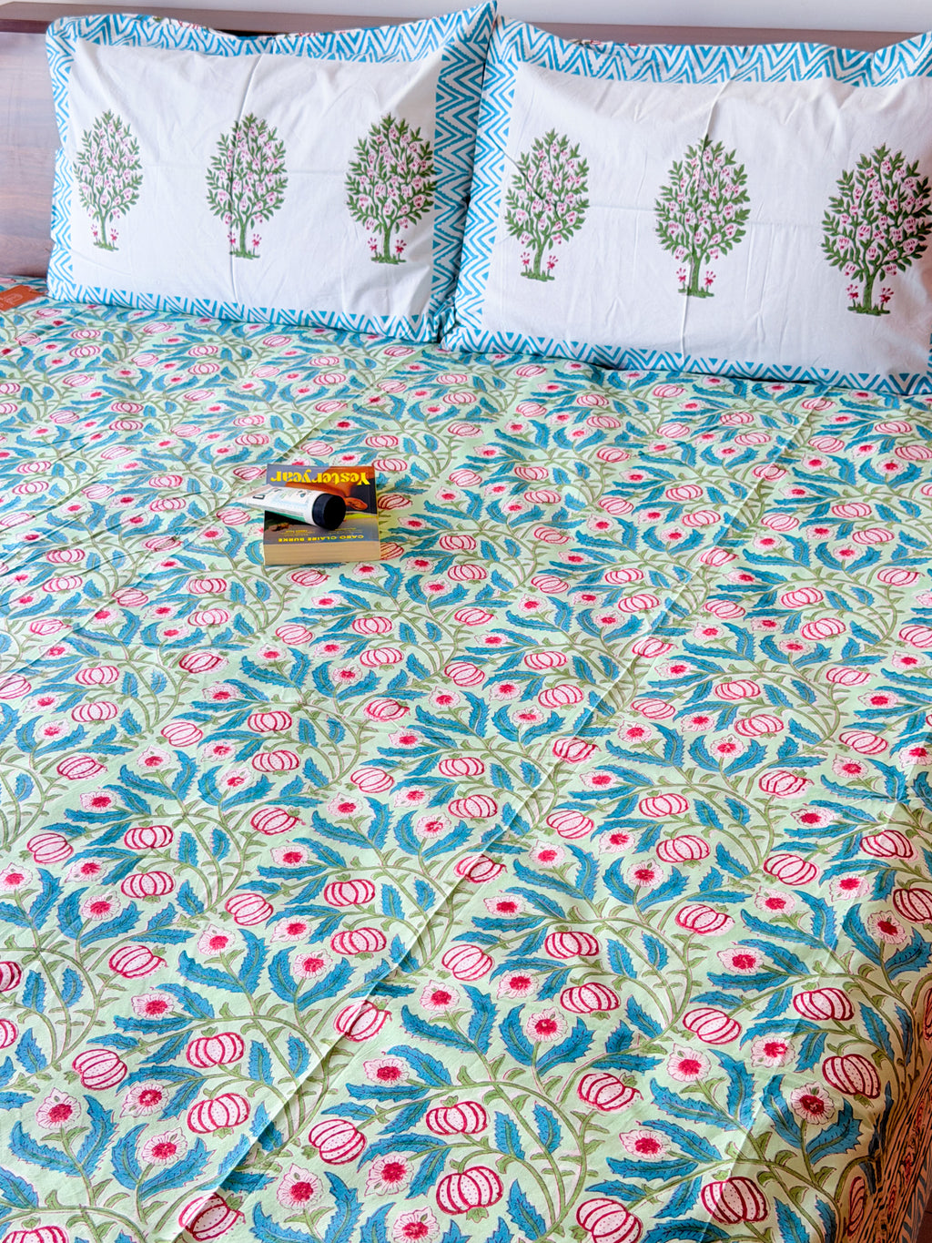 Pink Anar & Blue Leaf Handblock Premium Cotton Bedsheet Set — hand-block printed bedsheet set, product view 9.
