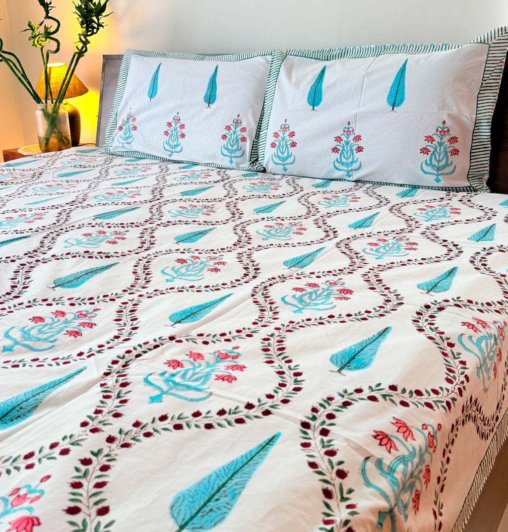 Turquoise Cypress & Pink Floral Handblock Premium Cotton Bedsheet Set — hand-block printed bedsheet set, product view 2.