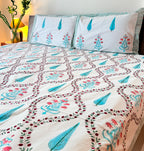 Turquoise Cypress & Pink Floral Handblock Premium Cotton Bedsheet Set — hand-block printed bedsheet set, product view 2.