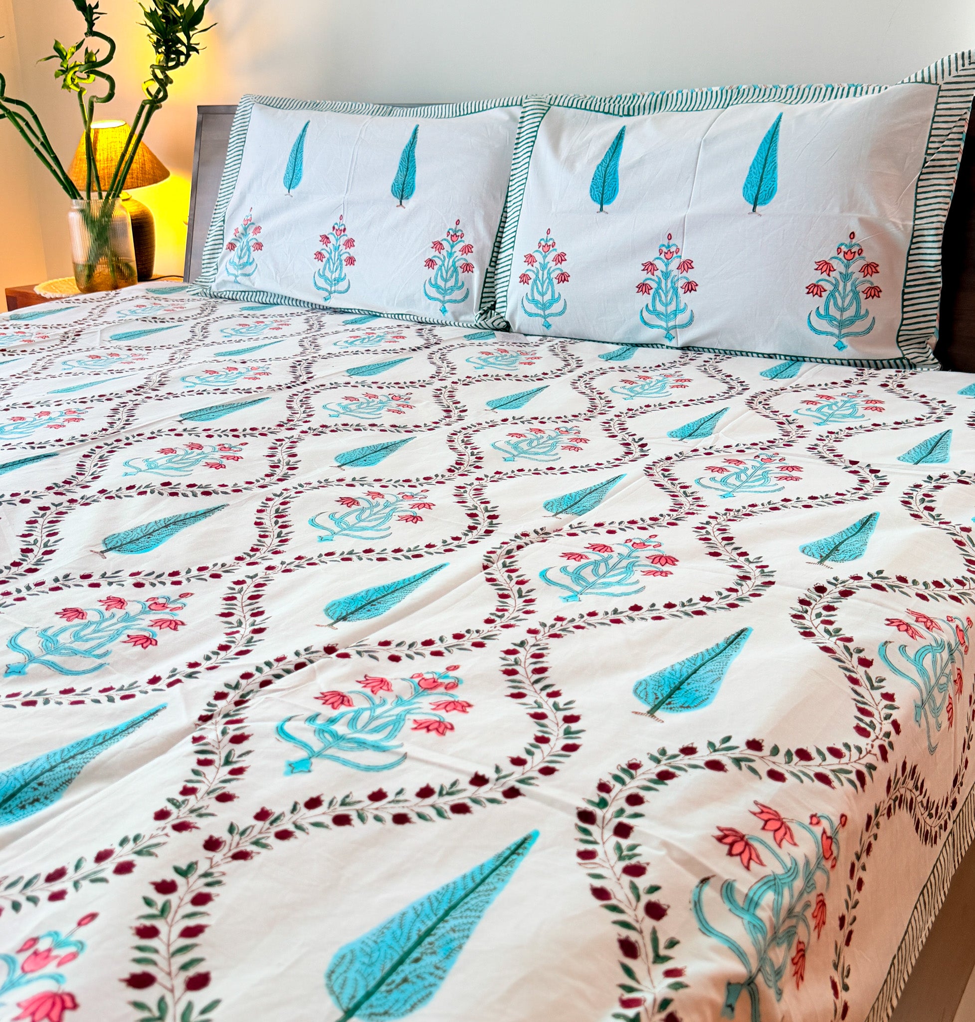 Turquoise Cypress & Pink Floral Handblock Premium Cotton Bedsheet Set — hand-block printed bedsheet set, product view 2.
