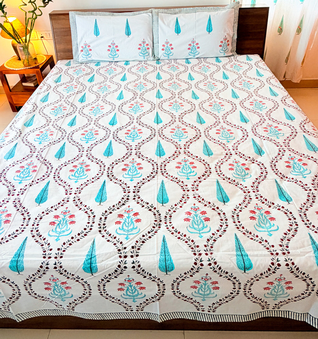 Turquoise Cypress & Pink Floral Handblock Premium Cotton Bedsheet Set — hand-block printed bedsheet set, product view 4.