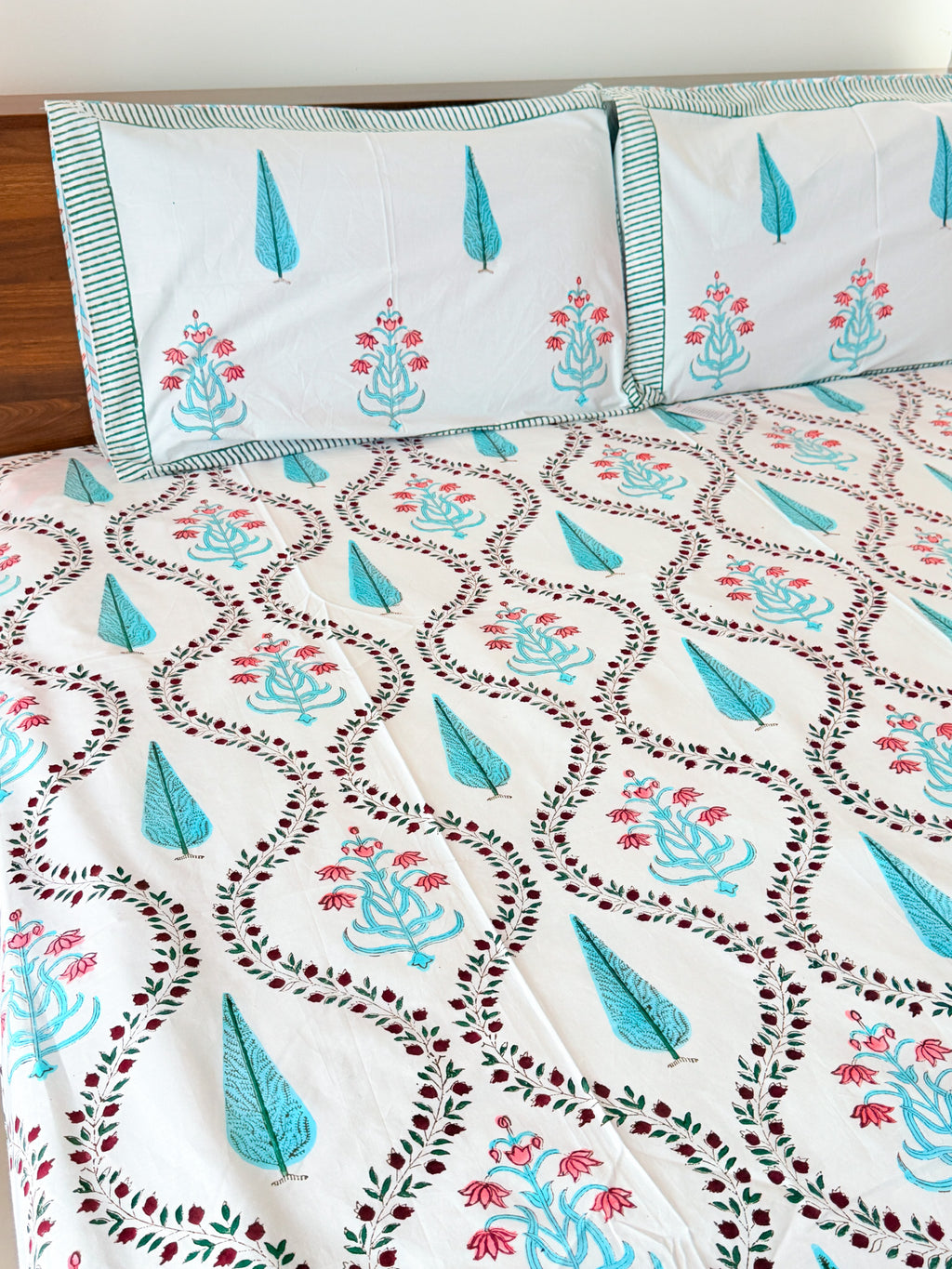 Turquoise Cypress & Pink Floral Handblock Premium Cotton Bedsheet Set — hand-block printed bedsheet set, product view 5.