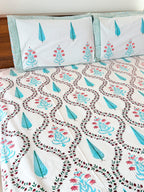 Turquoise Cypress & Pink Floral Handblock Premium Cotton Bedsheet Set — hand-block printed bedsheet set, product view 5.
