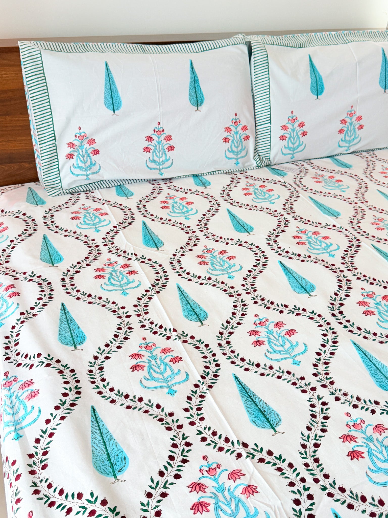 Turquoise Cypress & Pink Floral Handblock Premium Cotton Bedsheet Set — hand-block printed bedsheet set, product view 5.