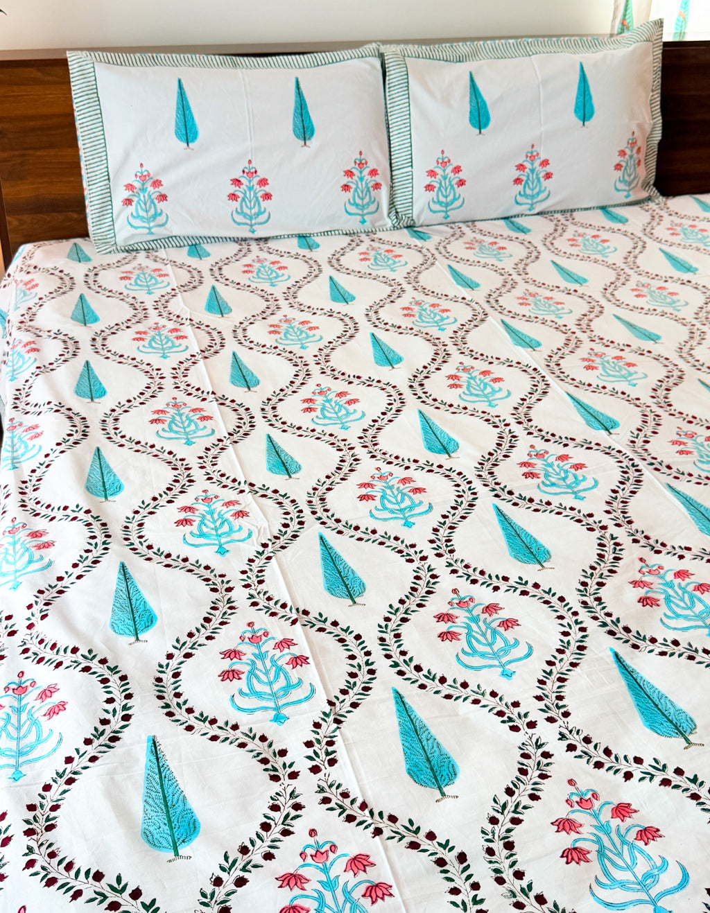 Turquoise Cypress & Pink Floral Handblock Premium Cotton Bedsheet Set — hand-block printed bedsheet set, product view 6.