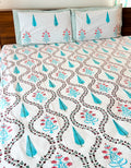 Turquoise Cypress & Pink Floral Handblock Premium Cotton Bedsheet Set — hand-block printed bedsheet set, product view 6.