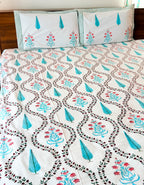 Turquoise Cypress & Pink Floral Handblock Premium Cotton Bedsheet Set — hand-block printed bedsheet set, product view 6.