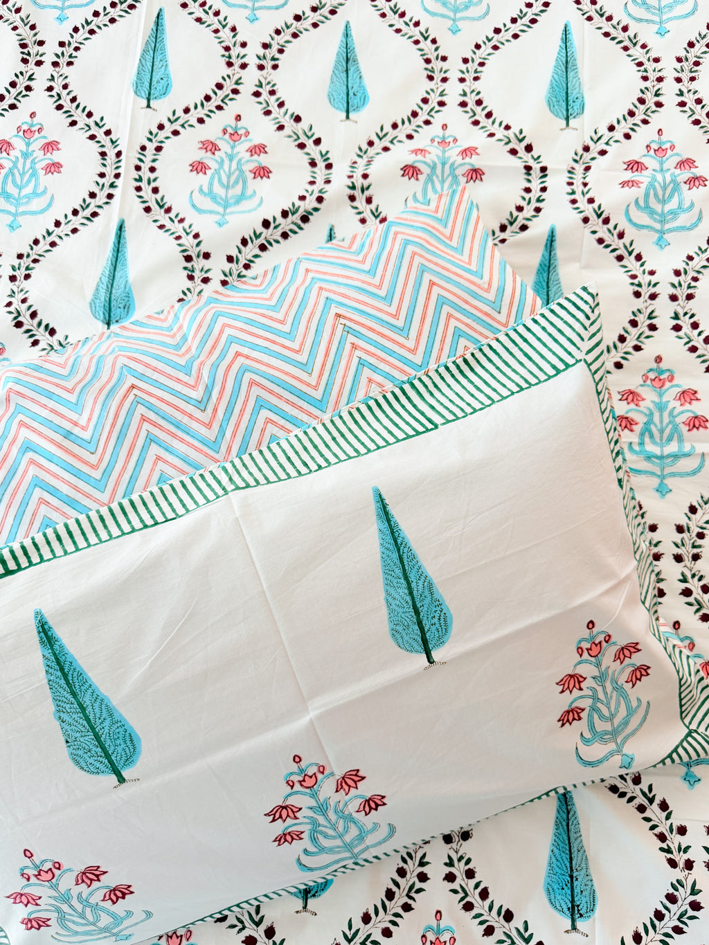 Turquoise Cypress & Pink Floral Handblock Premium Cotton Bedsheet Set — hand-block printed bedsheet set, product view 7.