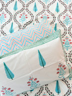 Turquoise Cypress & Pink Floral Handblock Premium Cotton Bedsheet Set — hand-block printed bedsheet set, product view 7.