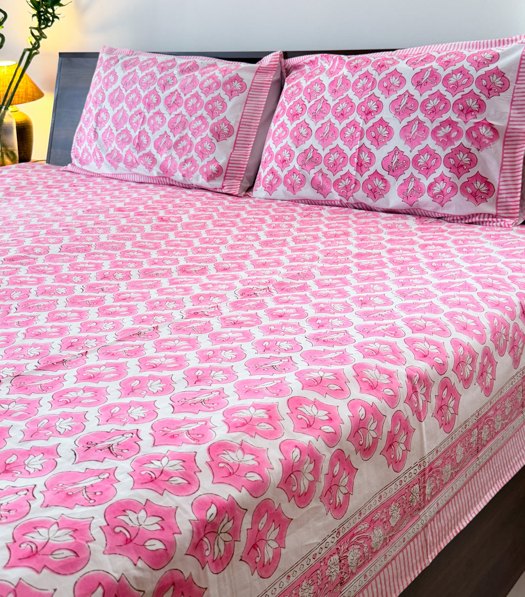 Pink Parrot Handblock Premium Cotton Bedsheet Set — hand-block printed bedsheet set, product view 2.