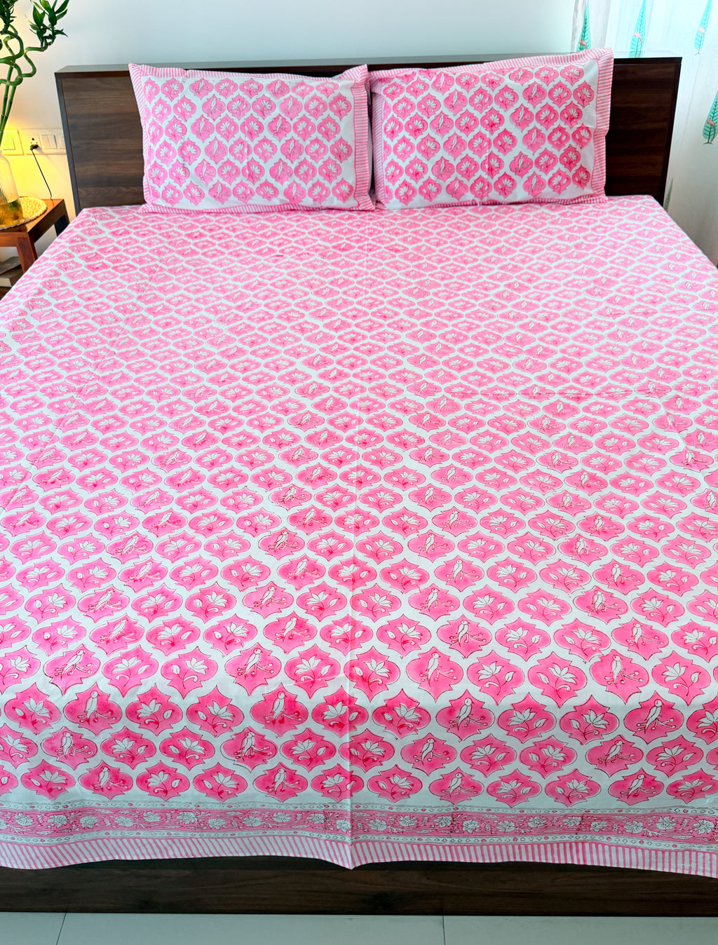 Pink Parrot Handblock Premium Cotton Bedsheet Set — hand-block printed bedsheet set, product view 5.