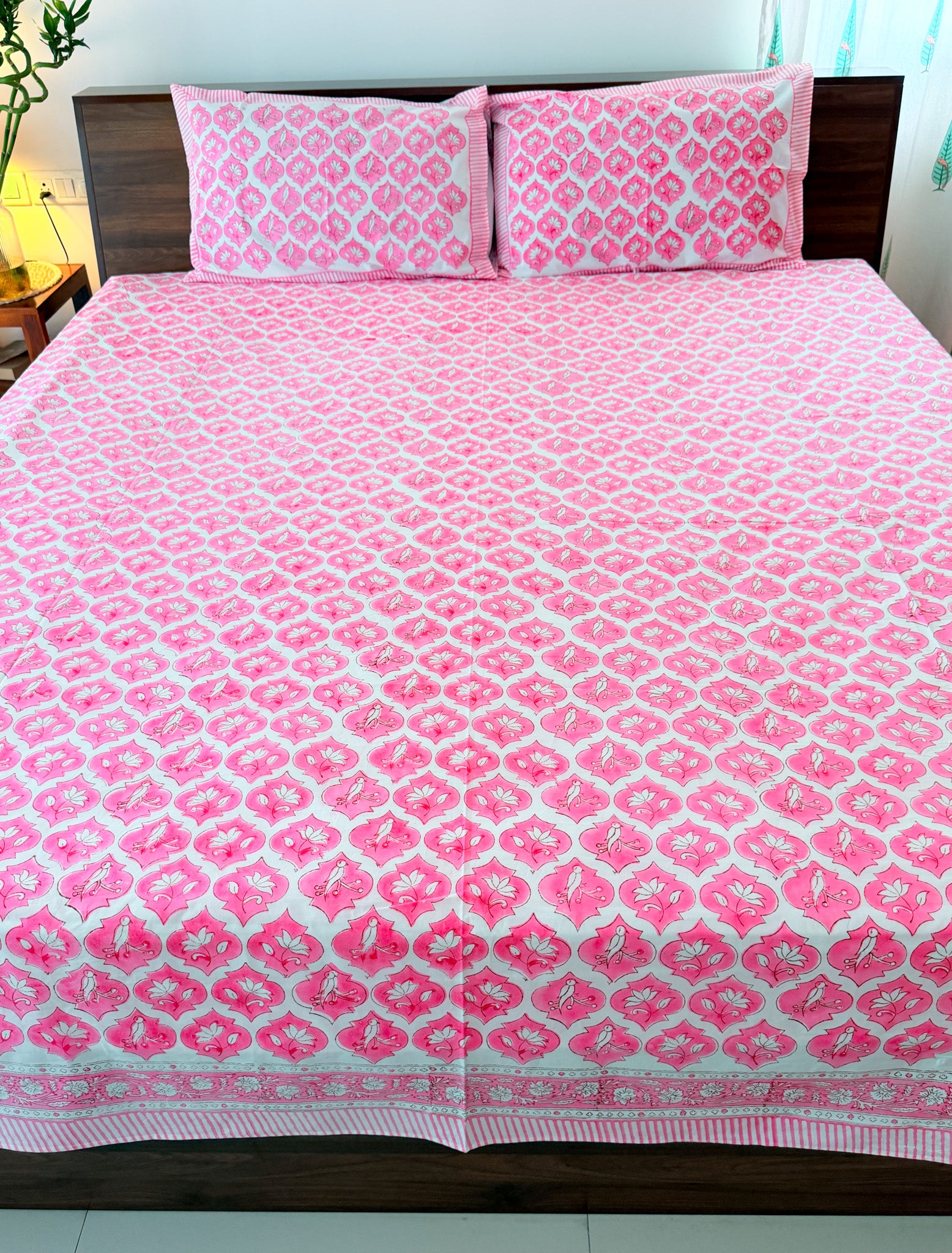 Pink Parrot Handblock Premium Cotton Bedsheet Set — hand-block printed bedsheet set, product view 5.