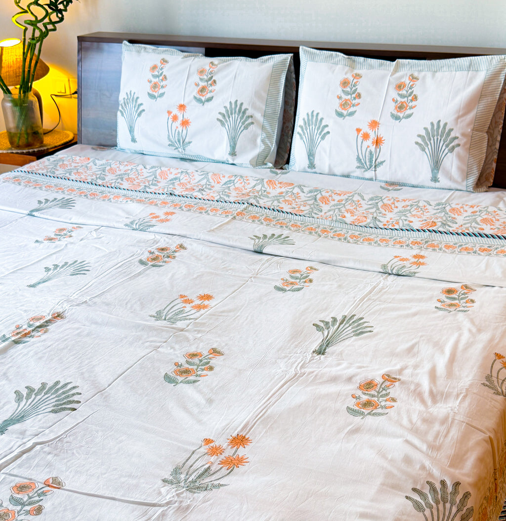 Orange Floral and Green Leaf hand-block dohar product view showing its botanical motifs and striped border.
