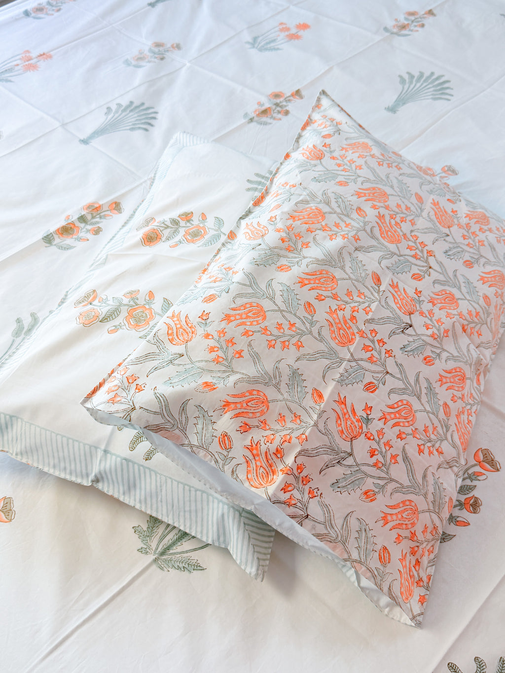 Banana Leaf & Orange Floral Handblock Premium Cotton Bedsheet Set — hand-block printed bedsheet set, product view 1.