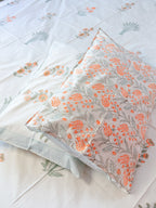 Banana Leaf & Orange Floral Handblock Premium Cotton Bedsheet Set — hand-block printed bedsheet set, product view 1.