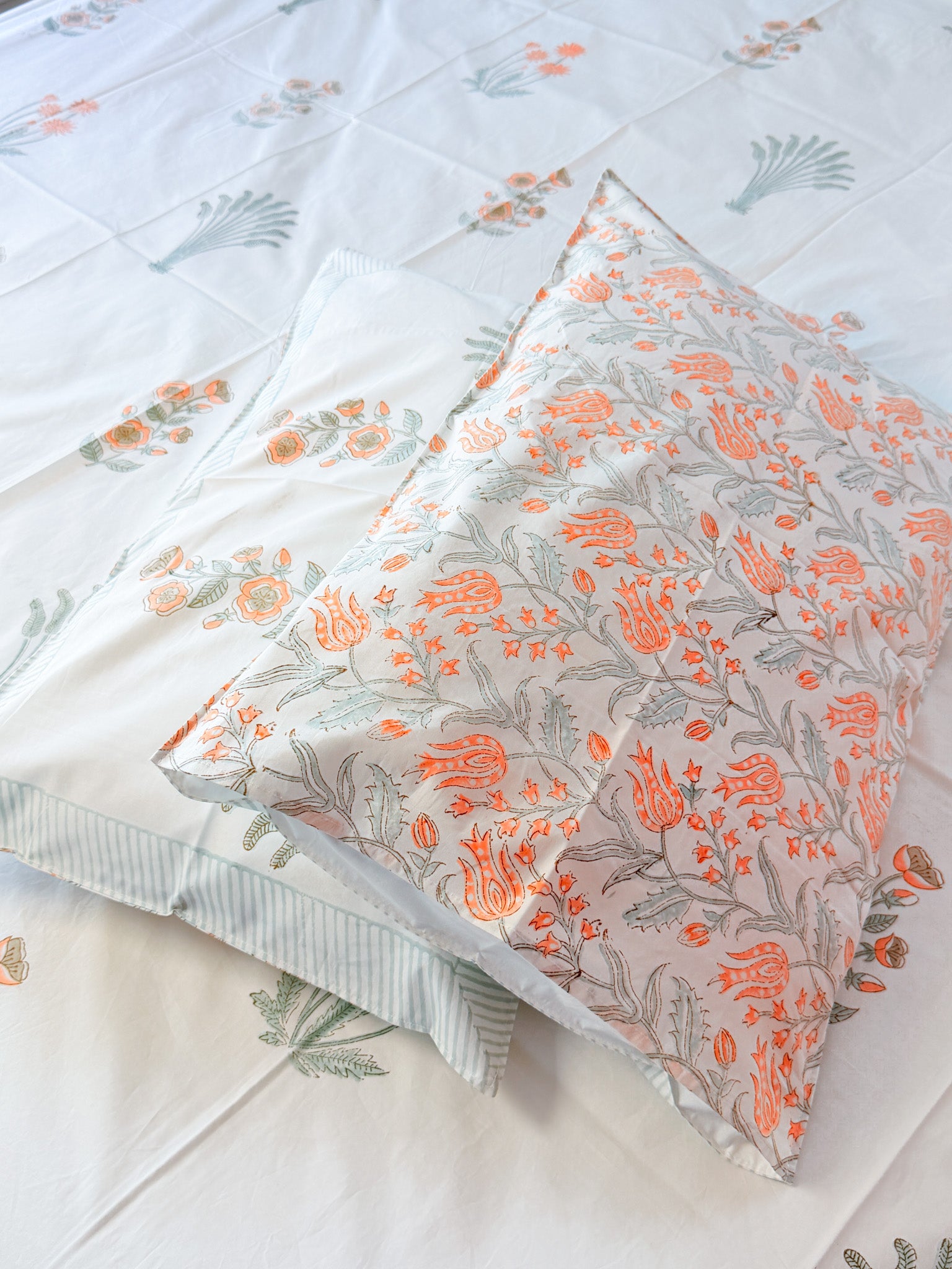 Banana Leaf & Orange Floral Handblock Premium Cotton Bedsheet Set — hand-block printed bedsheet set, product view 1.